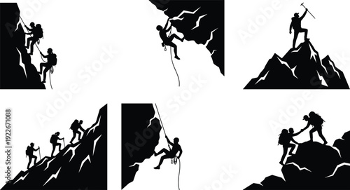 Mountain climbing and rock climbing silhouette collection showing adventure teamwork, summit achievement, outdoor exploration and extreme sport activity illustration set