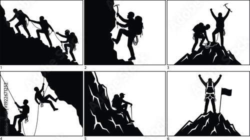 Mountain Climbing and Rock Climber Silhouette Collection Showing Teamwork, Adventure Sports, Summit Success, Outdoor Exploration and Extreme Hiking Achievement Concepts