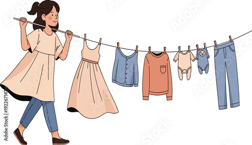 Woman carrying laundry with clean clothes hanging on clothesline household washing routine daily life flat vector illustration.