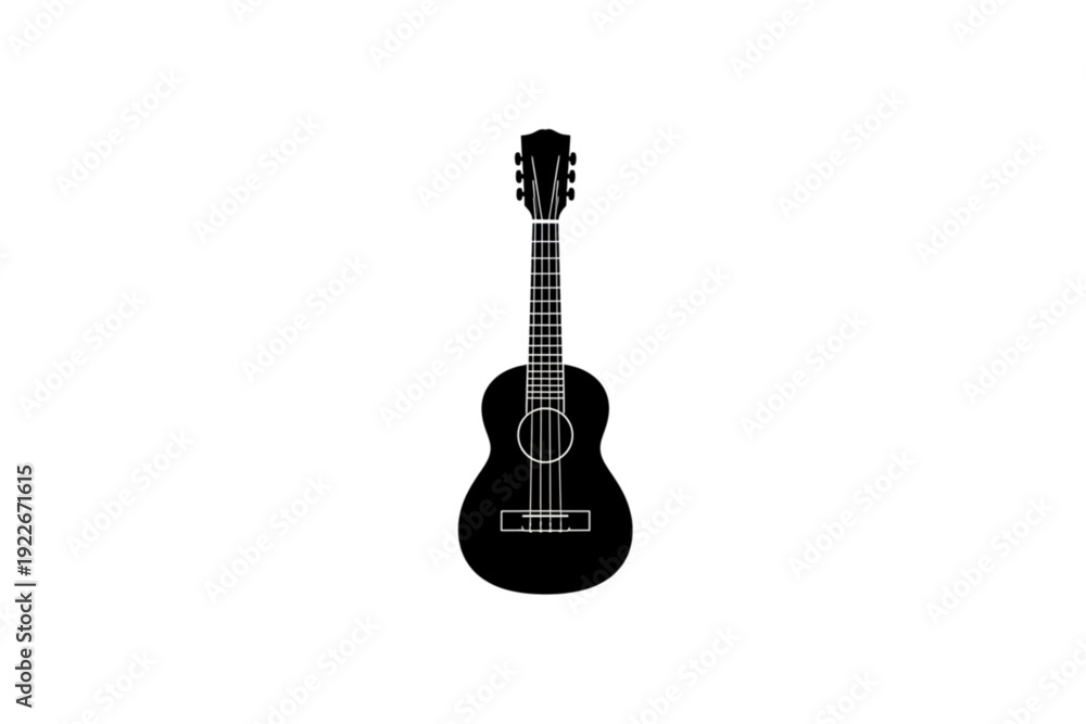 Naklejka premium The Silhouette of a Musical Instrument: A minimalist illustration of a ukulele against a backdrop, evoking themes of melody, relaxation, and artistic expression. 