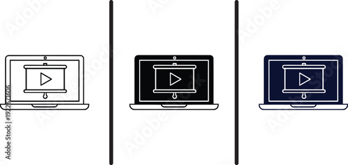 A set of laptop computers with play buttons on the screen