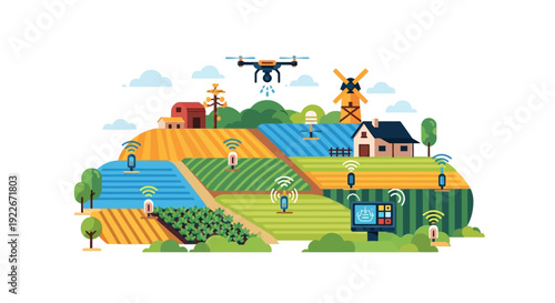 Precision Agriculture: Smart Farm with IoT Sensors, Drone Monitoring, and Data Management. Vector Illustration.