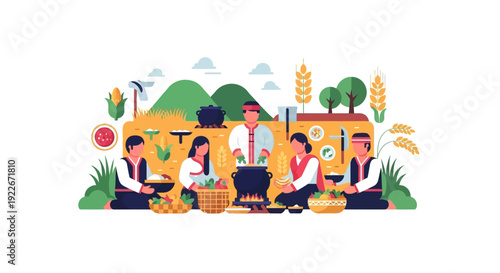 Traditional Harvest Festival and Community Cooking in Farmland Landscape. Flat Vector Illustration of People Preparing Food Outdoors.