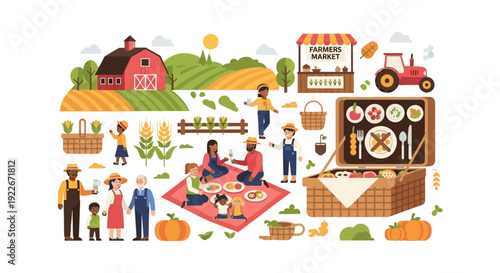 Rural Farm Life Vector Set: Diverse Family Picnic, Harvest, Red Barn, Tractor, and Farmers Market Elements on White Background