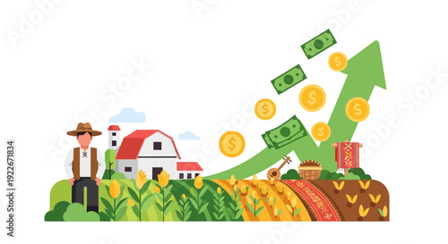 Farming Profit Growth Illustration. Farmer, Barn, and Crops with Upward Arrow of Financial Success and Agricultural Investment.