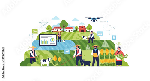 Smart Farming and Precision Agriculture Vector. Farmers using drone, data analysis, and IoT technology to monitor crops and livestock on a rural landscape.