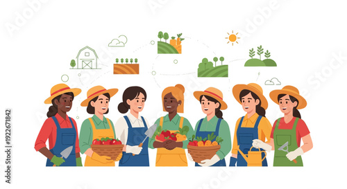 Diverse Women Farmers Team Holding Fresh Harvest. Sustainable Agriculture Workflow and Farm-to-Table Concept Illustration.