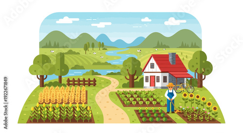 Flat Design: Farmer Tending Crops on an Idyllic Farmstead. Rural Landscape, House, Wheat, Corn, and Green Hills Illustration.