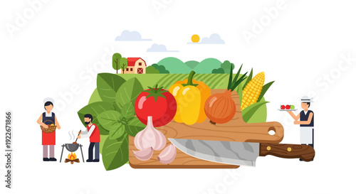 Farm-to-Table Fresh Cooking Illustration. Chefs and Cooks preparing organic vegetables (tomato, garlic, pepper) on a cutting board in a rural landscape.