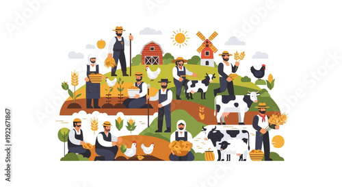 Agriculture and Farming Illustration: Farmers Harvesting Crops, Tending Livestock, and Working on a Rural Farm Landscape.