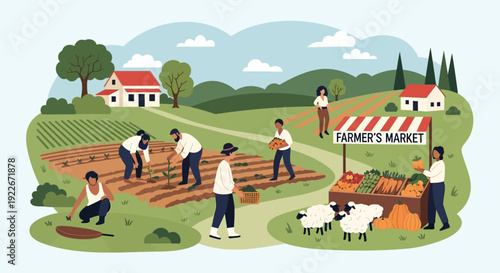 Farm to Table Illustration: Diverse Farmers Working, Harvesting, and Selling Produce at the Local Farmer's Market.