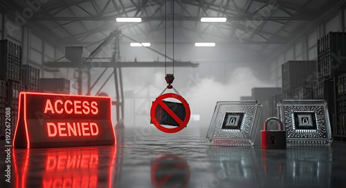 Trade embargo blocks cargo shipping during technological conflicts within industrial warehouse.