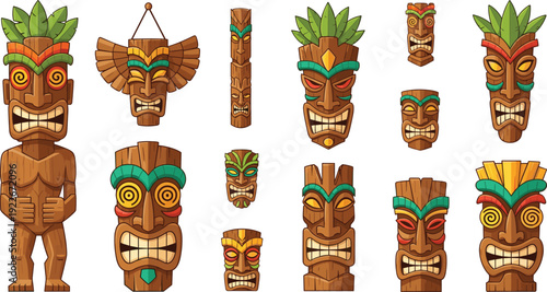 Polynesian tiki totem mask and wooden statue collection with tribal faces tropical island culture decorative vector illustration set.