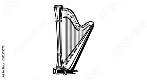 Detailed illustration of a classical harp, a musical instrument, in black and white.