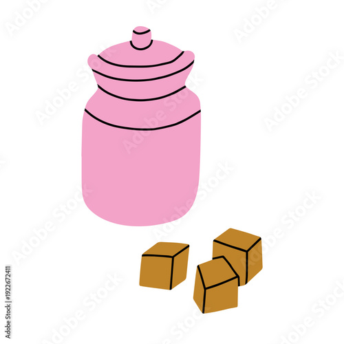 Vector illustration of a ceramic sugar bowl with a lid and with sugar cubes. Ideal for coffee shop menus, kitchenware catalogs or breakfast-themed designs.