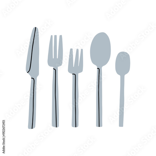 Vector illustration of cutlery set including a fork, dessert fork, table knife, spoon and teaspoon. Ideal for restaurant menus, kitchenware catalogs, or table setting guides.