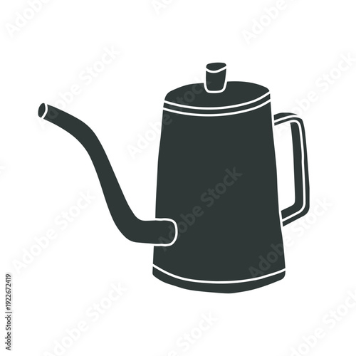 Vector illustration of a gooseneck kettle designed for pour-over coffee brewing, perfect for specialty coffee shop branding, barista equipment catalogs, or modern kitchenware advertisements.