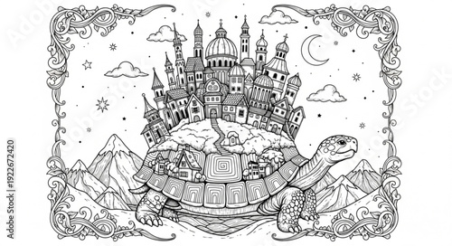 Fantasy illustration of a giant turtle carrying a magnificent city on its back.