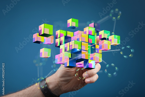 Digitally rendered image depicting interconnected cubes emerging from a hand, symbolizing the metaverse and dig