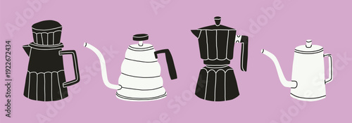 Vector illustration set featuring geyser coffee makers and gooseneck kettles for pour-over coffee. Perfect for specialty coffee shop menus, barista equipment guides, or kitchenware catalogs.