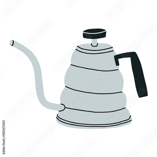 Vector illustration of a gooseneck kettle designed for pour-over coffee brewing, perfect for specialty coffee shop branding, barista equipment catalogs, or modern kitchenware advertisements.