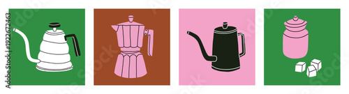 Vector illustration set of posters with various coffee makers — geyser pots, gooseneck kettles and a sugar bowl. For café wall art, kitchen decor, or coffee shop branding and promotion materials.