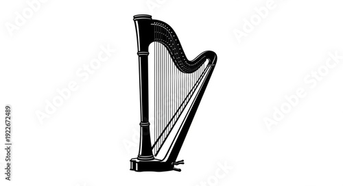 Elegant black and white illustration of a classical harp musical instrument.