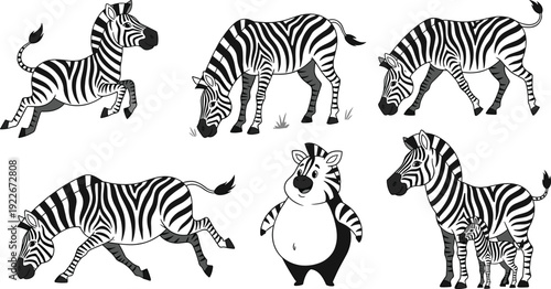 Zebra collection with realistic poses and cute cartoon character African wildlife striped animal set vector illustration isolated.