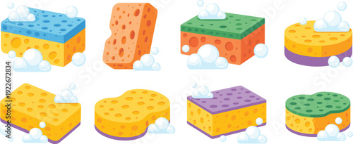 Cartoon cleaning sponge collection, colorful foam scrub pads with soap bubbles, household washing supplies flat vector illustration