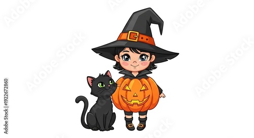 Child in pumpkin costume with black cat for Halloween.