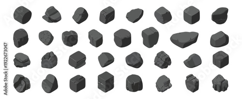 Low poly stone and rock collection with geometric shapes, flat shading design, suitable for game landscapes and 3D environments, vector illustration