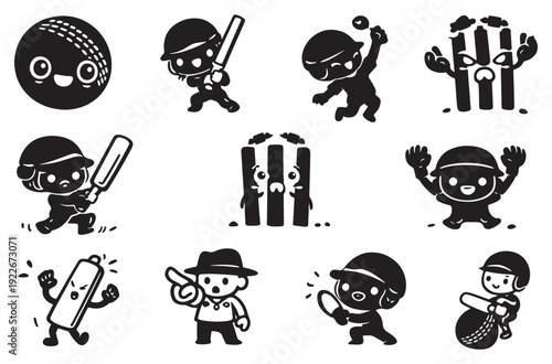 A set of cartoon cricket characters in various poses and actions on a white background