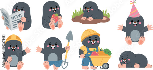Cute cartoon mole character set, adorable animal mascot collection with farmer builder party mole isolated on white background