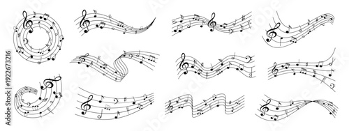 Music notes wave set. Spiral and wavy musical staff lines with melody clefs clefs notes. Musical decoration for cover, poster, banner