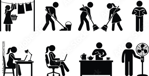 Household Daily Activities Silhouette Set Featuring Cleaning, Laundry, Studying, Cooking, Working from Home and Domestic Lifestyle Routine Concepts Illustration