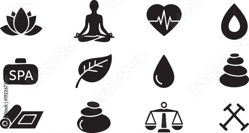 Black silhouettes of spa and wellness icons on white background