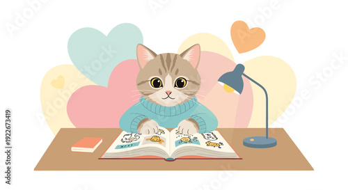 Cute cat in sweater reading book with desk lamp, hearts background
