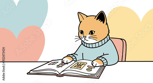 Cute cat in a sweater reading a photo album, whimsical illustration