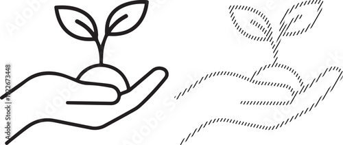 A clean vector illustration of a human hand gently holding a small green plant with soil, symbolizing growth, nature, environmental care, and sustainability.