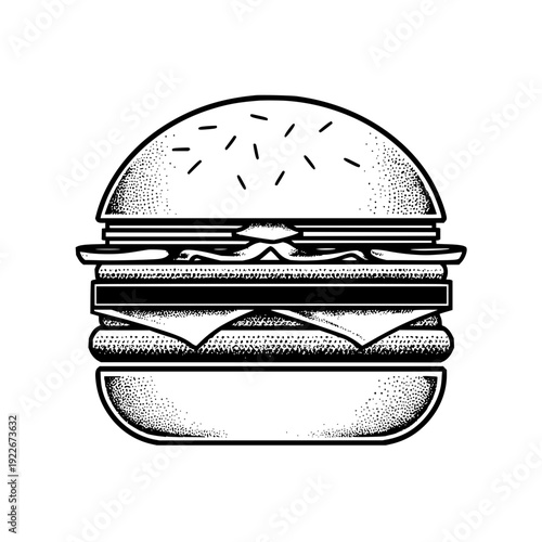 Illustration of a detailed black and white burger with cheese lettuce and a textured bun design style