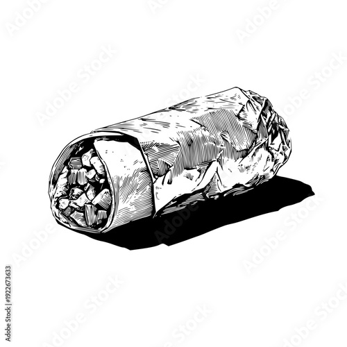 Illustration of a burrito wrapped in foil with visible filling and a dark shadow cast below it