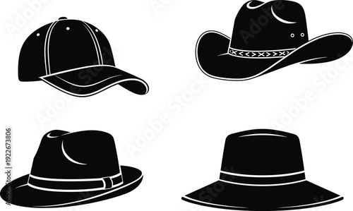 Hat silhouette collection featuring baseball cap, cowboy hat and classic brim styles, fashion accessory illustration set for apparel, western and casual wear concepts