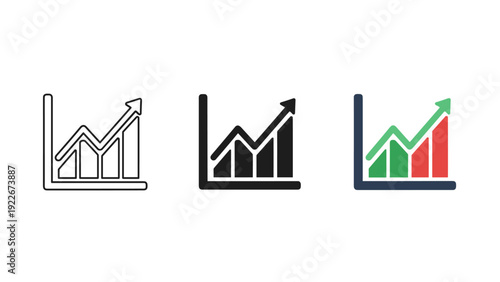 Three icons representing growing graphs and charts in different colors and styles Vector