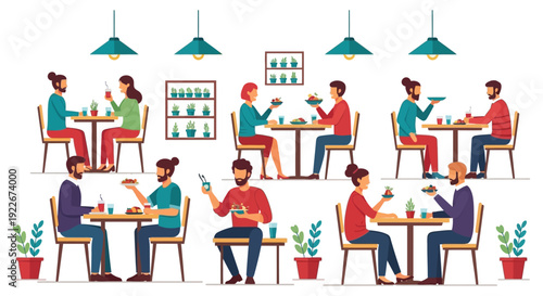 People Dining and Socializing in Modern Restaurant or Cafe. Flat Vector Illustration of Healthy Eating and Food Service Scene.