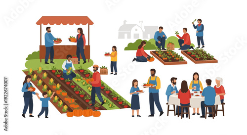 Sustainable Farm-to-Table Cycle: Community Harvesting, Selling Produce at Local Market, and Enjoying Fresh Organic Food Together.