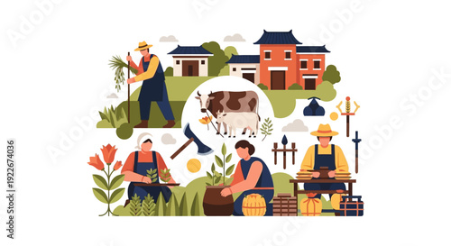 Traditional Asian Farming Life Illustration. Flat Vector of Farmers Planting, Harvesting Crops, and Tending Livestock in a Rural Village Landscape.