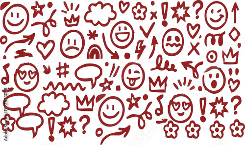 Smile brush hand drawn vector element set. Emoji fun face, heart, crown symbol crayon texture marker background kid sketch style hand drawn element. Color smiley face, arrow. Vector illustration