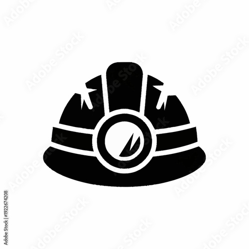 Black and white silhouette of a miners hard hat with a headlamp.