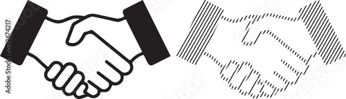 Vector icon of a handshake, symbolizing agreement, partnership, collaboration, or a friendly greeting. Offered in both a solid outline and a striped fill for versatile graphic design.