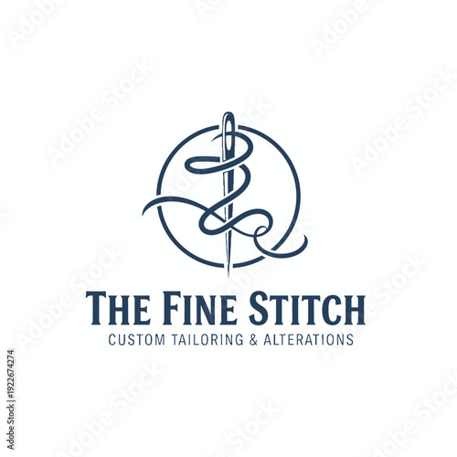 A logo shows a needle with thread in a circle, and text below describes tailoring services